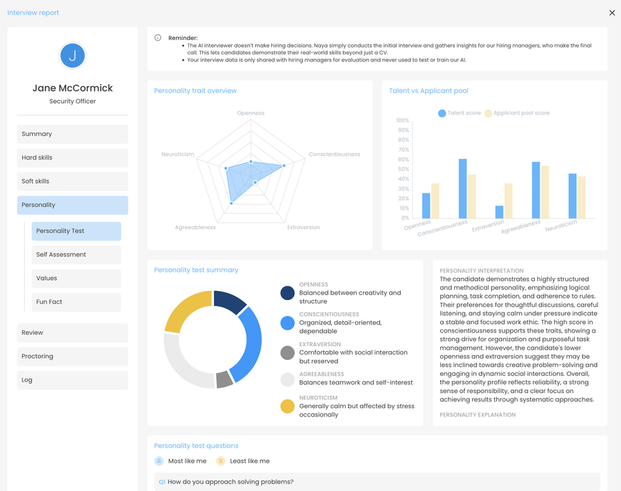 Big 5 personality assessment with trait overview and AI interpretation